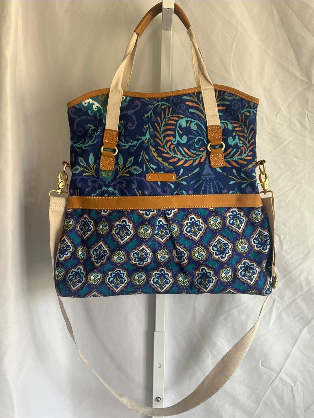 Dena Patterned Canvas Tote in Navy Blue with Tan Trim Shoulder Strap